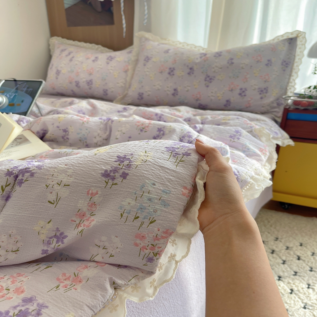 91家纺网 家纺一手货源 找家纺 梵克保罗 2026春夏新款全棉纯棉花边皱皱纱单夏被夏凉被空调被夏被四件套 紫菱花