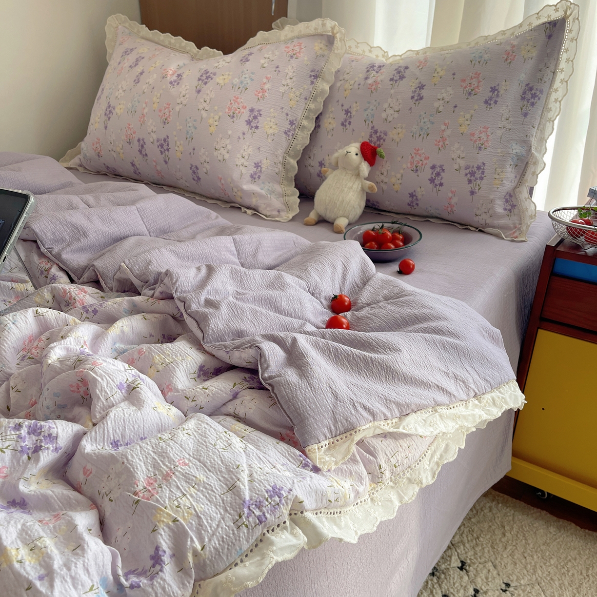 91家纺网 家纺一手货源 找家纺 梵克保罗 2026春夏新款全棉纯棉花边皱皱纱单夏被夏凉被空调被夏被四件套 紫菱花