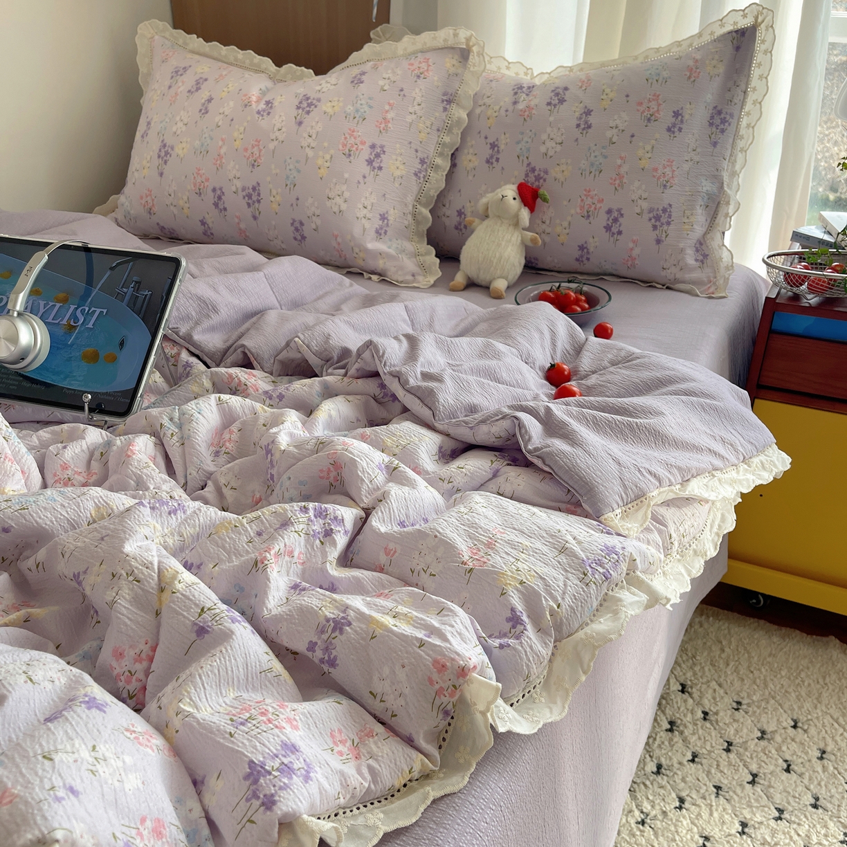 91家纺网 家纺一手货源 找家纺 梵克保罗 2026春夏新款全棉纯棉花边皱皱纱单夏被夏凉被空调被夏被四件套 紫菱花