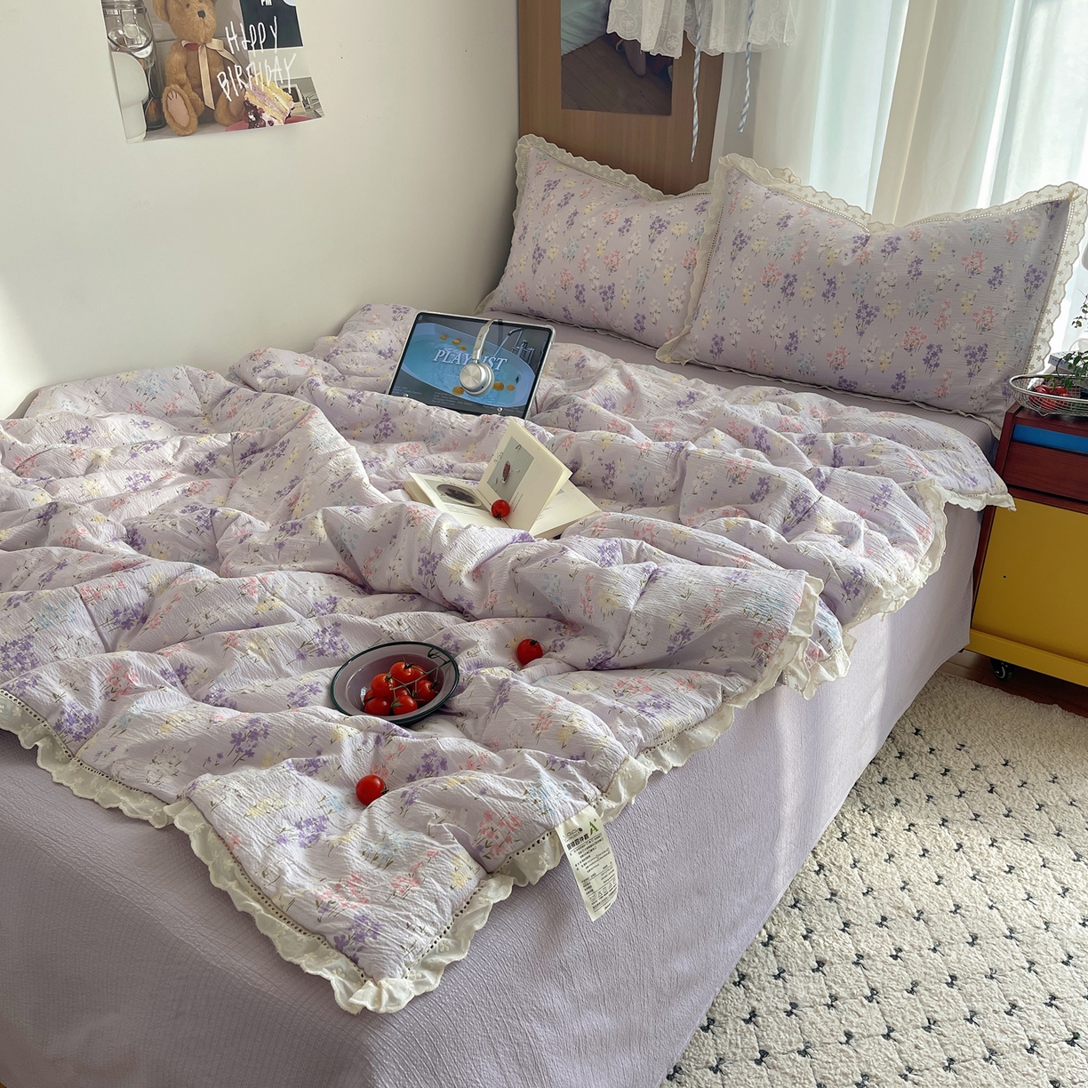 91家纺网 家纺一手货源 找家纺 梵克保罗 2026春夏新款全棉纯棉花边皱皱纱单夏被夏凉被空调被夏被四件套 紫菱花