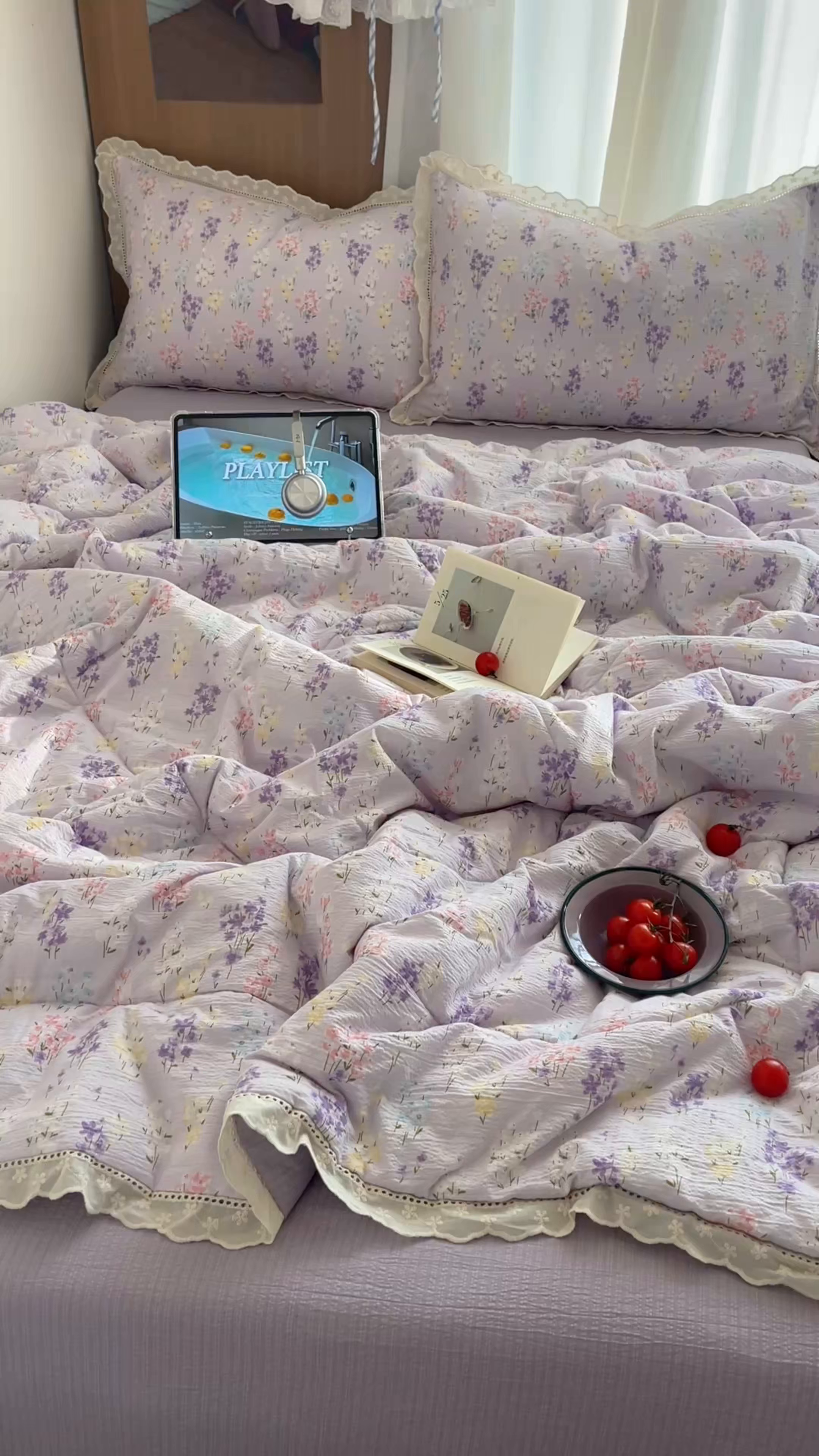 91家纺网 家纺一手货源 找家纺 梵克保罗 2026春夏新款全棉纯棉花边皱皱纱单夏被夏凉被空调被夏被四件套 紫菱花