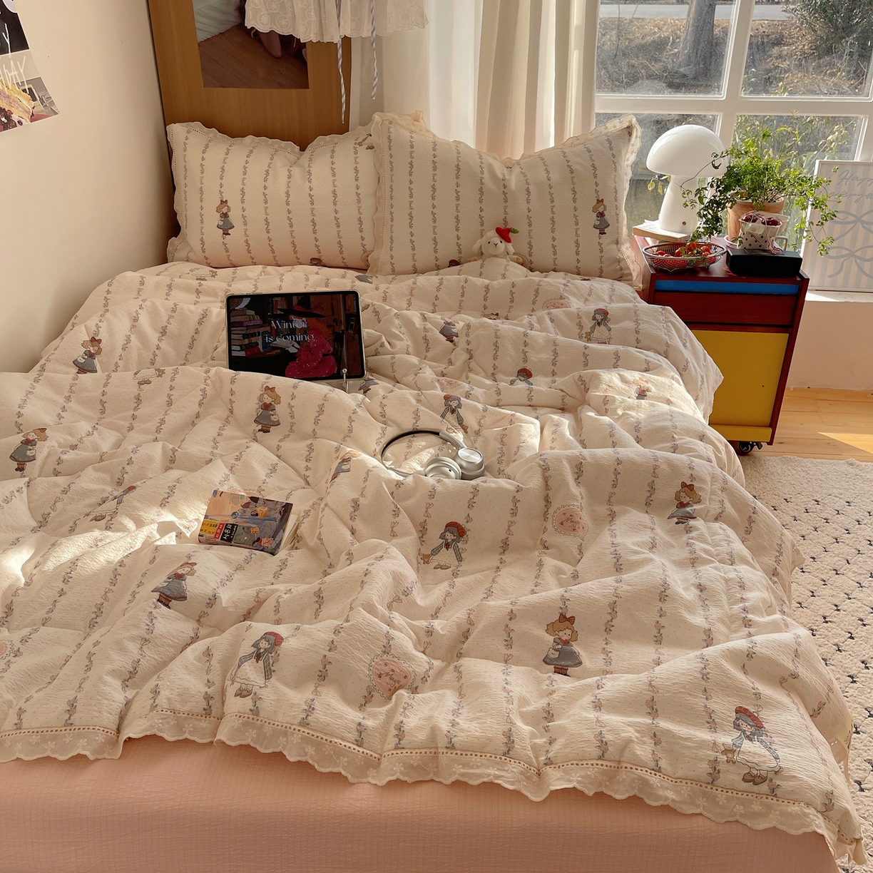 91家纺网 家纺一手货源 找家纺 梵克保罗 2026春夏新款全棉纯棉花边皱皱纱单夏被夏凉被空调被夏被四件套 洛丽条