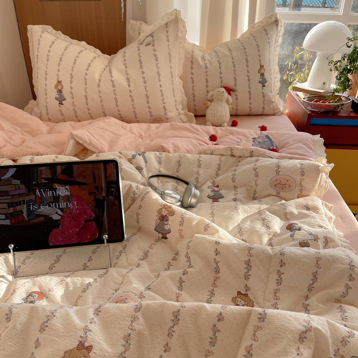 91家纺网 家纺一手货源 找家纺 梵克保罗 2026春夏新款全棉纯棉花边皱皱纱单夏被夏凉被空调被夏被四件套 洛丽条