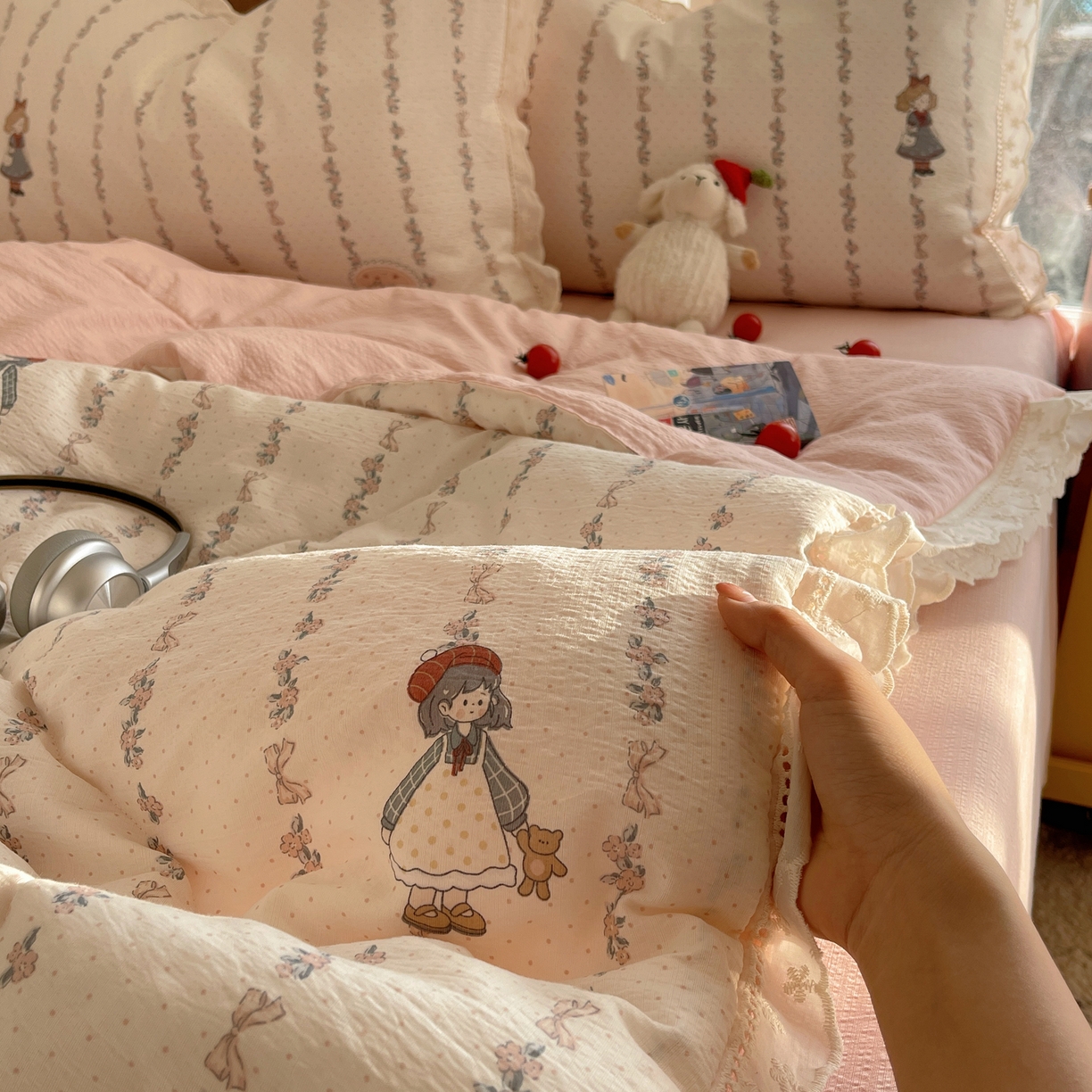 91家纺网 家纺一手货源 找家纺 梵克保罗 2026春夏新款全棉纯棉花边皱皱纱单夏被夏凉被空调被夏被四件套 洛丽条