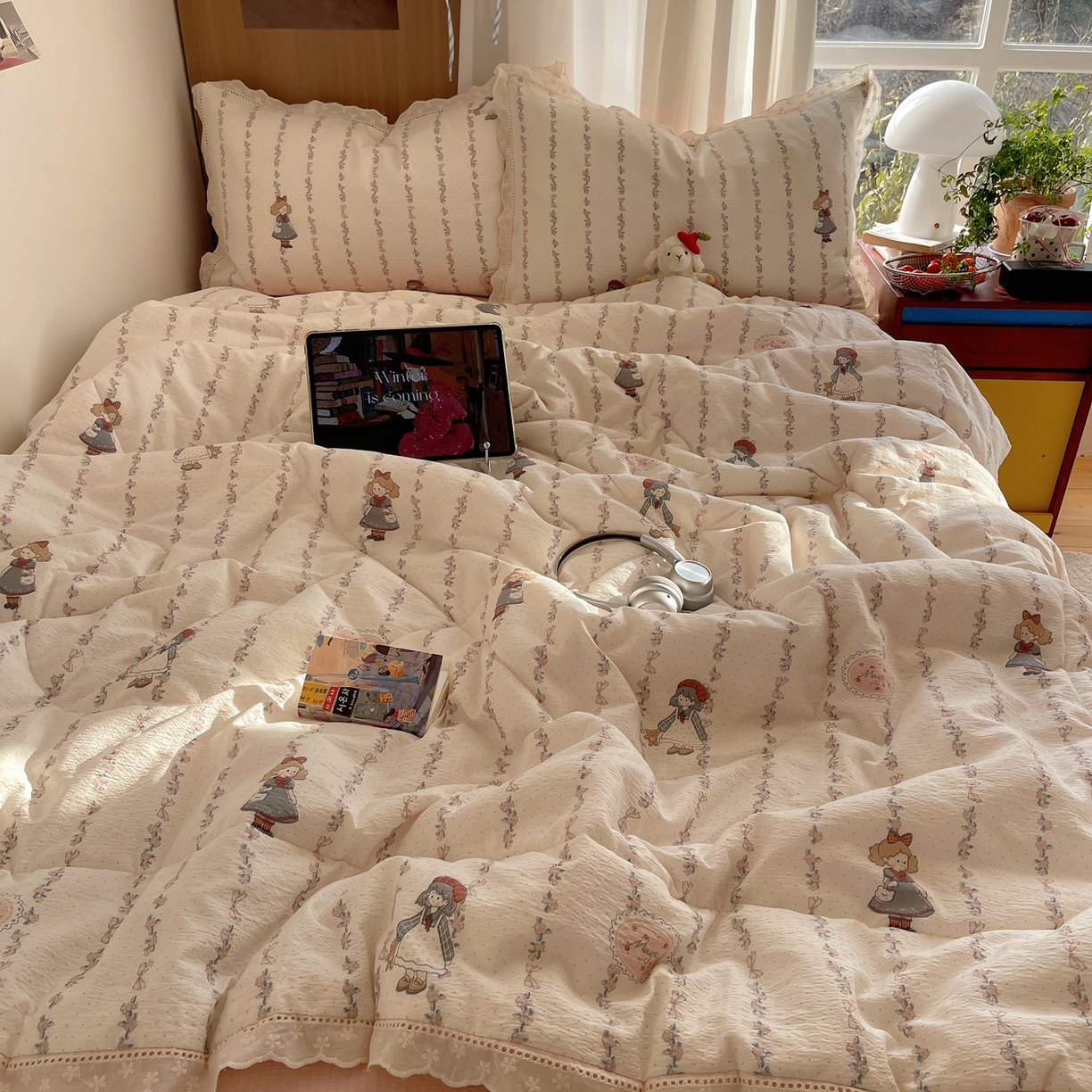 91家纺网 家纺一手货源 找家纺 梵克保罗 2026春夏新款全棉纯棉花边皱皱纱单夏被夏凉被空调被夏被四件套 洛丽条