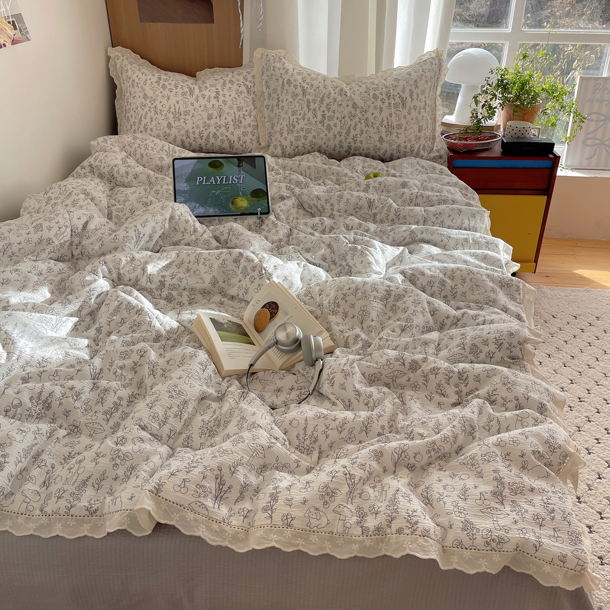 91家纺网 家纺一手货源 找家纺 梵克保罗 2026春夏新款全棉纯棉花边皱皱纱单夏被夏凉被空调被夏被四件套 草木灰序