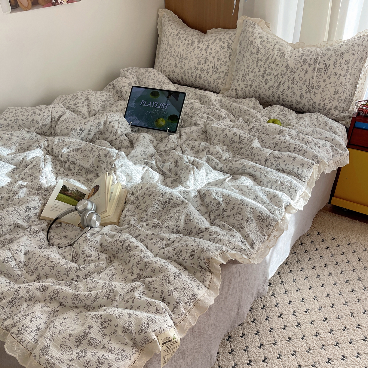 91家纺网 家纺一手货源 找家纺 梵克保罗 2026春夏新款全棉纯棉花边皱皱纱单夏被夏凉被空调被夏被四件套 草木灰序