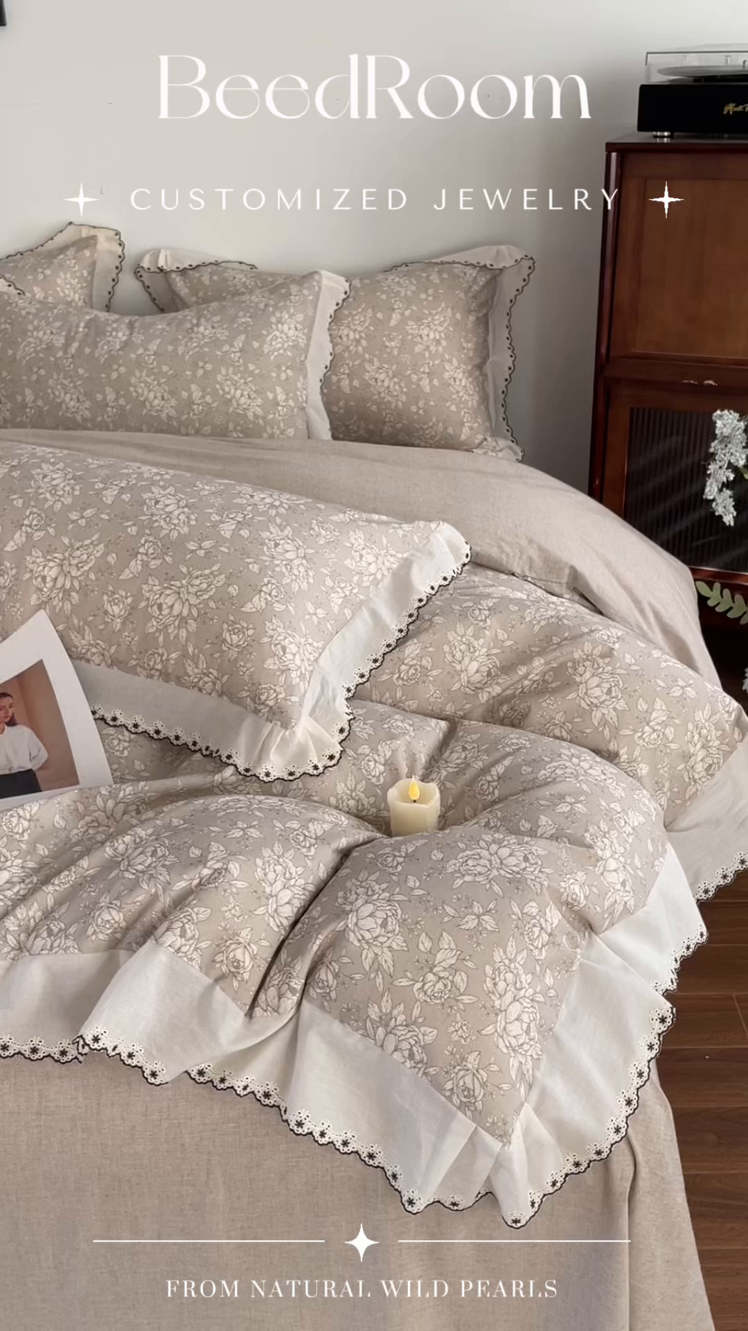 91家纺网 家纺一手货源 找家纺 慕晨 2026新款天丝莱赛尔棉麻数码印色织花边被套四件套高级田园美式直播热款 疏影