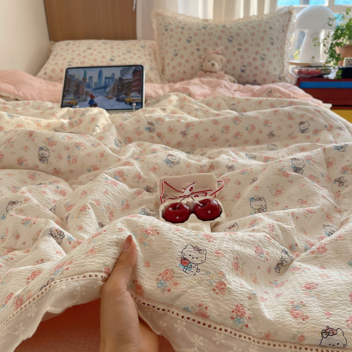 91家纺网 家纺一手货源 找家纺 梵克保罗 2026春夏新款全棉纯棉花边皱皱纱单夏被夏凉被空调被夏被四件套 花样KT