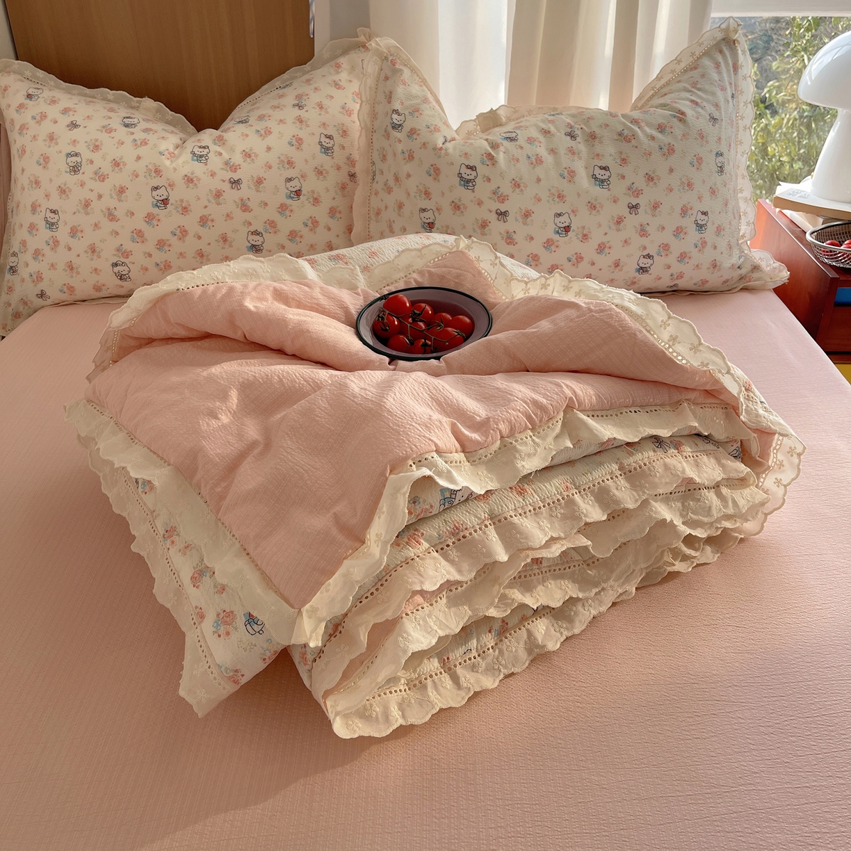 91家纺网 家纺一手货源 找家纺 梵克保罗 2026春夏新款全棉纯棉花边皱皱纱单夏被夏凉被空调被夏被四件套 花样KT