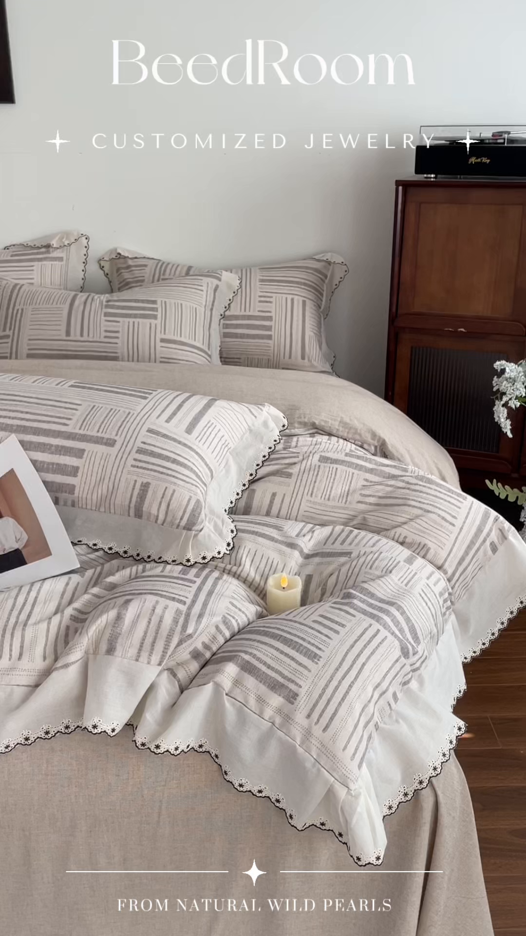 91家纺网 家纺一手货源 找家纺 慕晨 2026新款天丝莱赛尔棉麻数码印色织花边被套四件套高级田园美式直播热款 闲纹