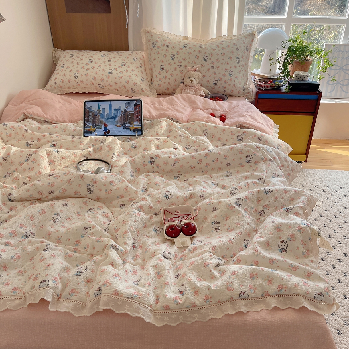 91家纺网 家纺一手货源 找家纺 梵克保罗 2026春夏新款全棉纯棉花边皱皱纱单夏被夏凉被空调被夏被四件套 花样KT