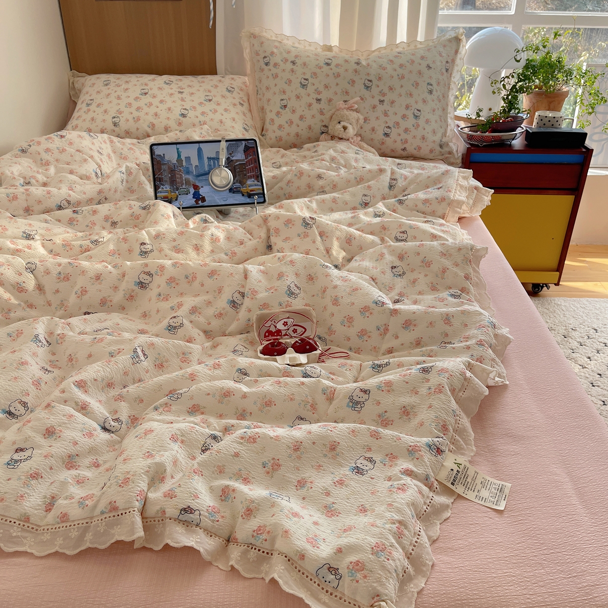 91家纺网 家纺一手货源 找家纺 梵克保罗 2026春夏新款全棉纯棉花边皱皱纱单夏被夏凉被空调被夏被四件套 花样KT