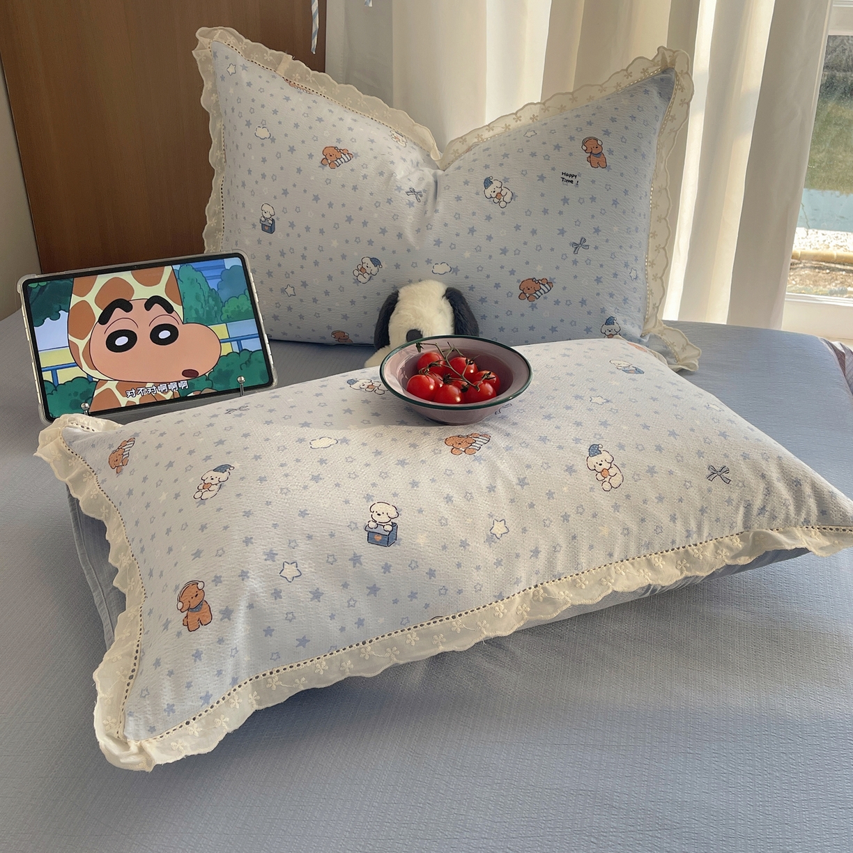 91家纺网 家纺一手货源 找家纺 梵克保罗 2026春夏新款全棉纯棉花边皱皱纱单夏被夏凉被空调被夏被四件套 蓝星狗