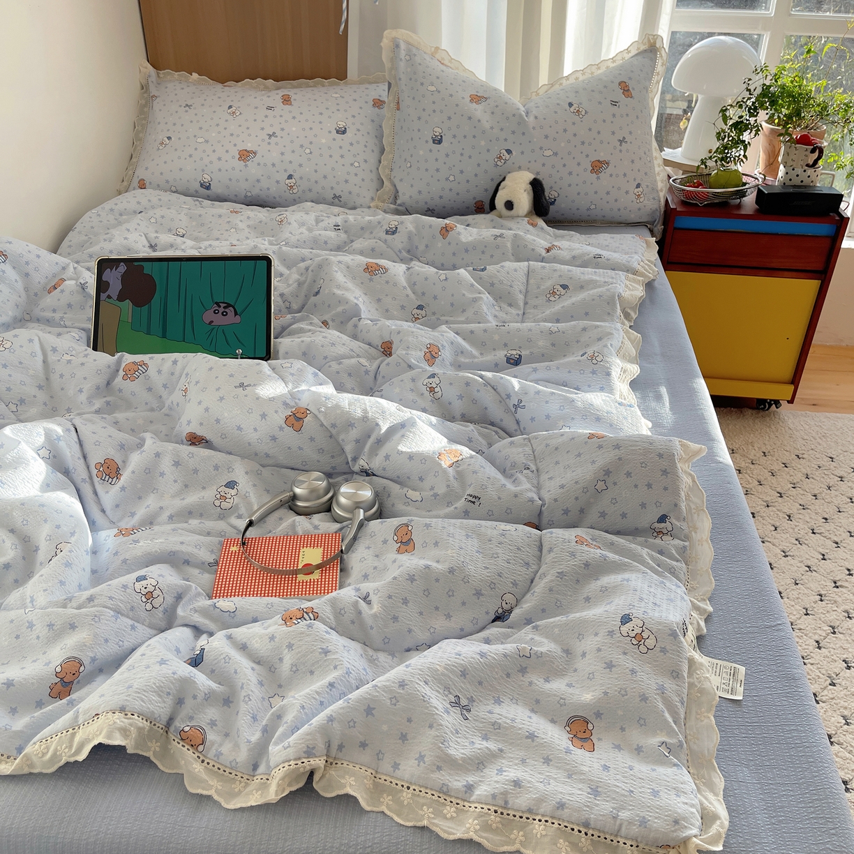 91家纺网 家纺一手货源 找家纺 梵克保罗 2026春夏新款全棉纯棉花边皱皱纱单夏被夏凉被空调被夏被四件套 蓝星狗