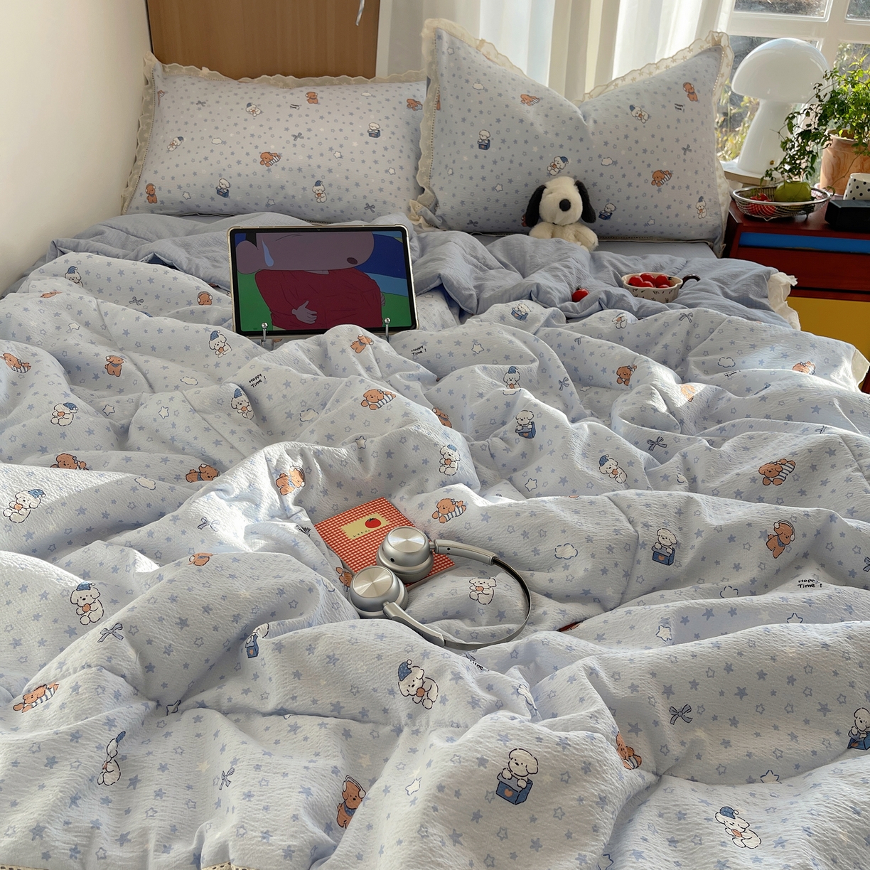 91家纺网 家纺一手货源 找家纺 梵克保罗 2026春夏新款全棉纯棉花边皱皱纱单夏被夏凉被空调被夏被四件套 蓝星狗