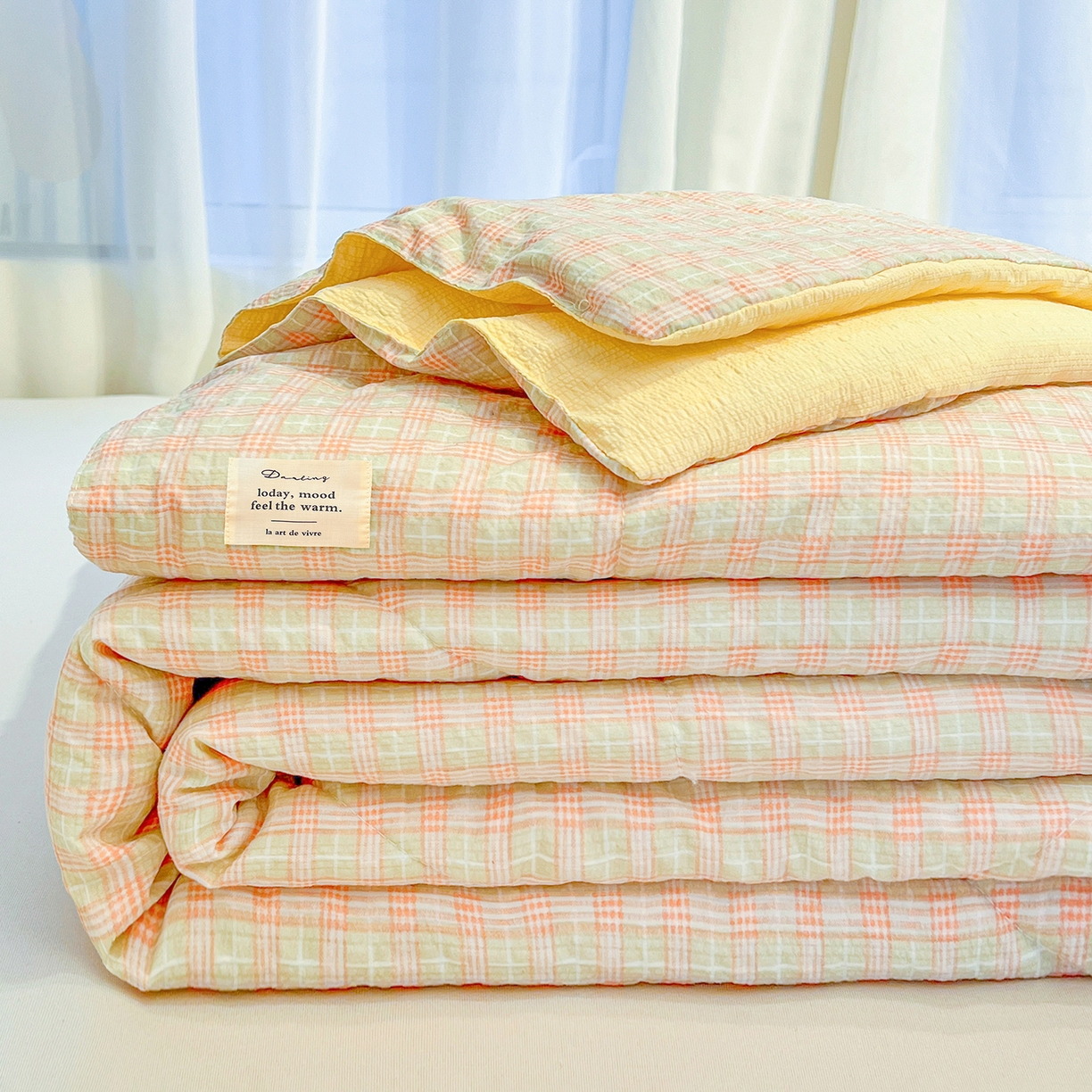 老帅的工厂店 2026新款无印风泡芙棉大豆夏被 杏橘织格
