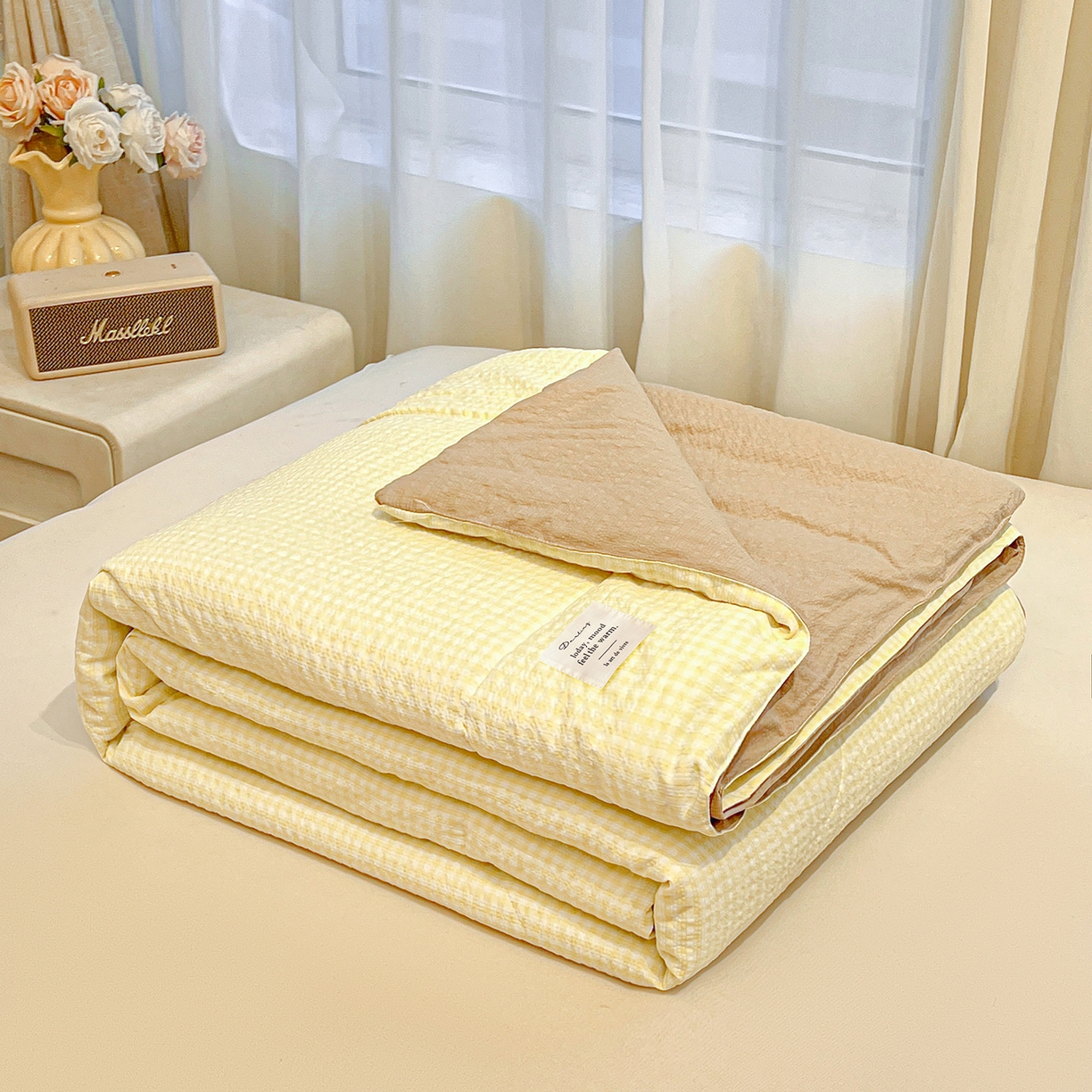 91家纺网 家纺一手货源 找家纺 老帅的工厂店 2026新款无印风泡芙棉大豆夏被 奶油小方