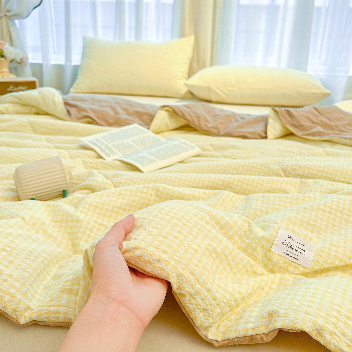 91家纺网 家纺一手货源 找家纺 老帅的工厂店 2026新款无印风泡芙棉大豆夏被 奶油小方