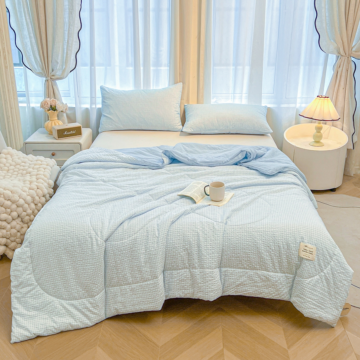 91家纺网 家纺一手货源 找家纺 老帅的工厂店 2026新款无印风泡芙棉大豆夏被 海盐气泡