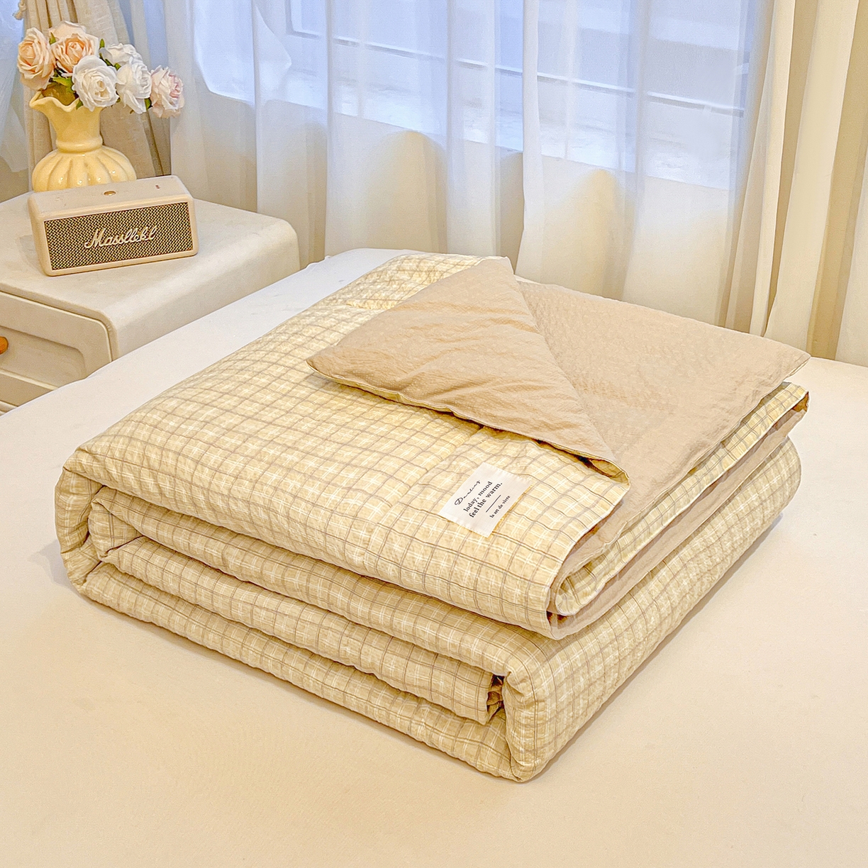 91家纺网 家纺一手货源 找家纺 老帅的工厂店 2026新款无印风泡芙棉大豆夏被 燕麦小格