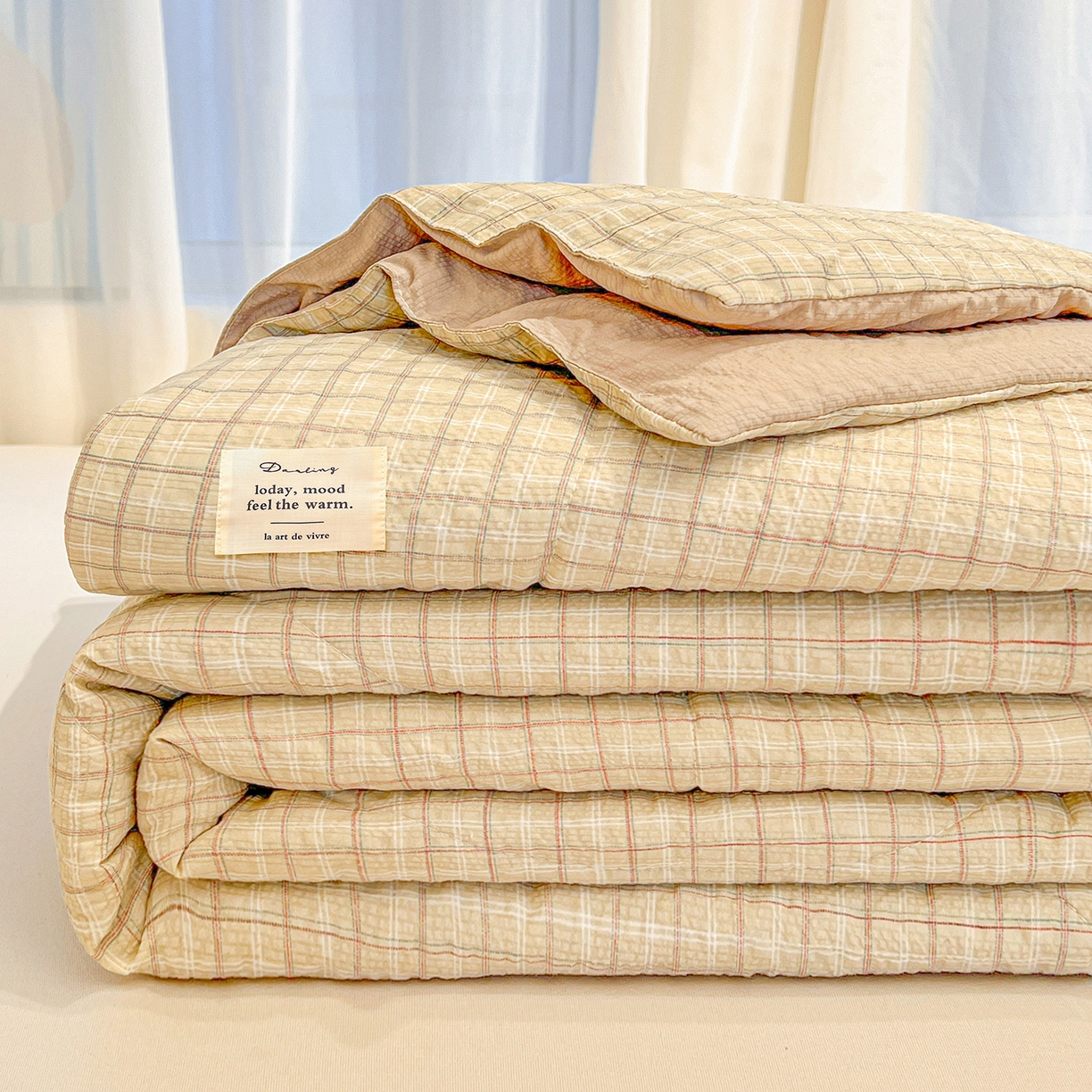 老帅的工厂店 2026新款无印风泡芙棉大豆夏被 燕麦小格