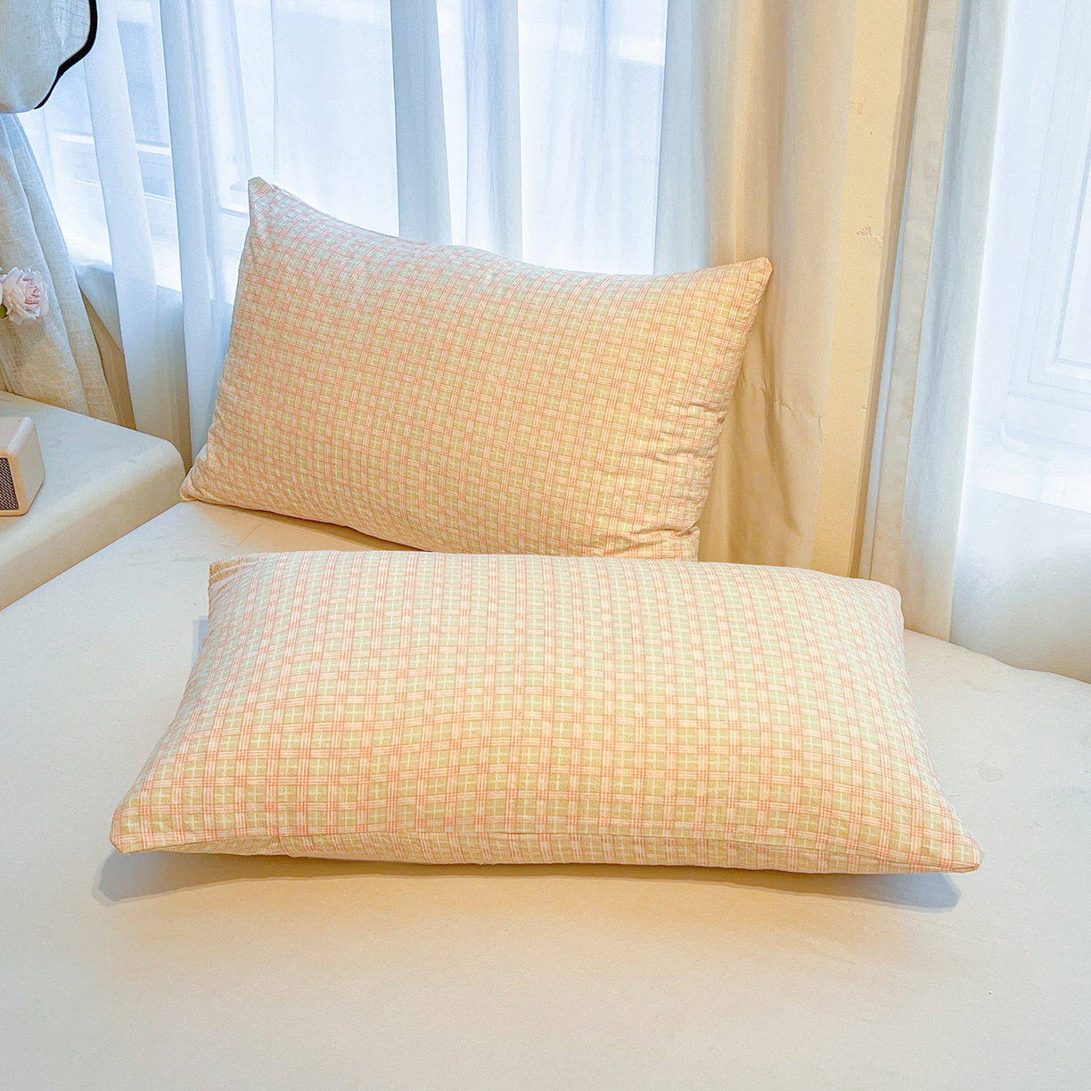 91家纺网 家纺一手货源 找家纺 老帅的工厂店 2026新款无印风泡芙棉大豆夏被 杏橘织格