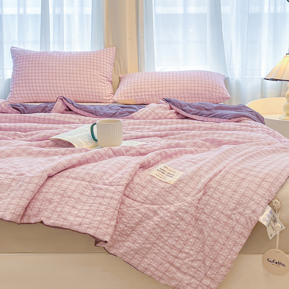 91家纺网 家纺一手货源 找家纺 老帅的工厂店 2026新款无印风泡芙棉大豆夏被 芋泥小格