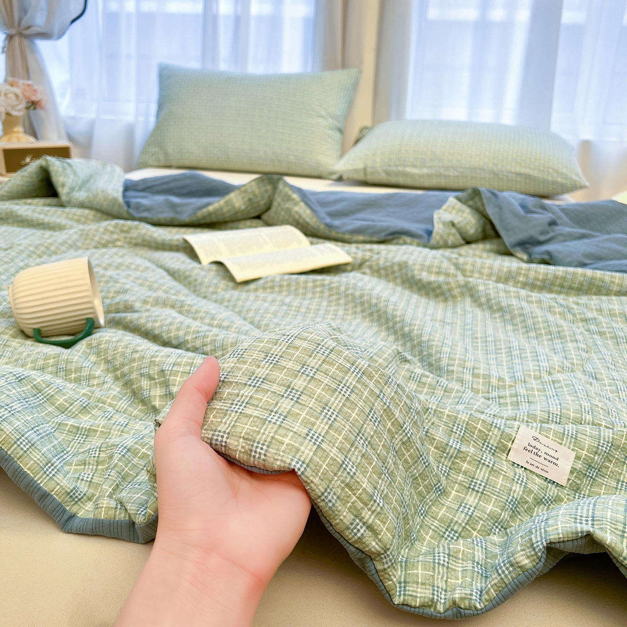 91家纺网 家纺一手货源 找家纺 老帅的工厂店 2026新款无印风泡芙棉大豆夏被 青柠气泡