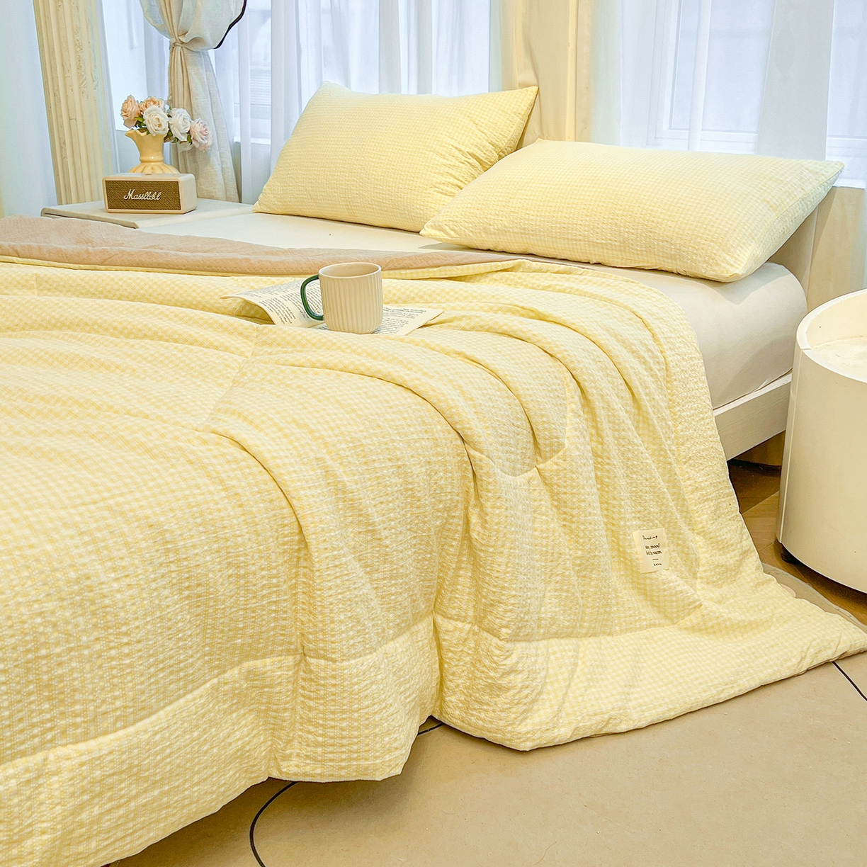 91家纺网 家纺一手货源 找家纺 老帅的工厂店 2026新款无印风泡芙棉大豆夏被 奶油小方