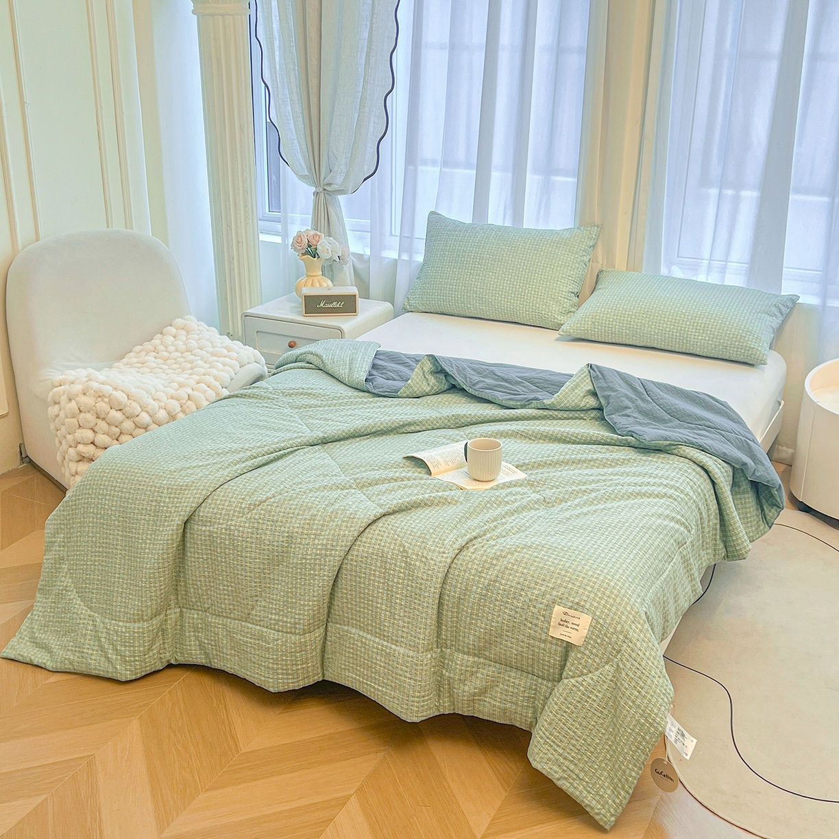 91家纺网 家纺一手货源 找家纺 老帅的工厂店 2026新款无印风泡芙棉大豆夏被 青柠气泡