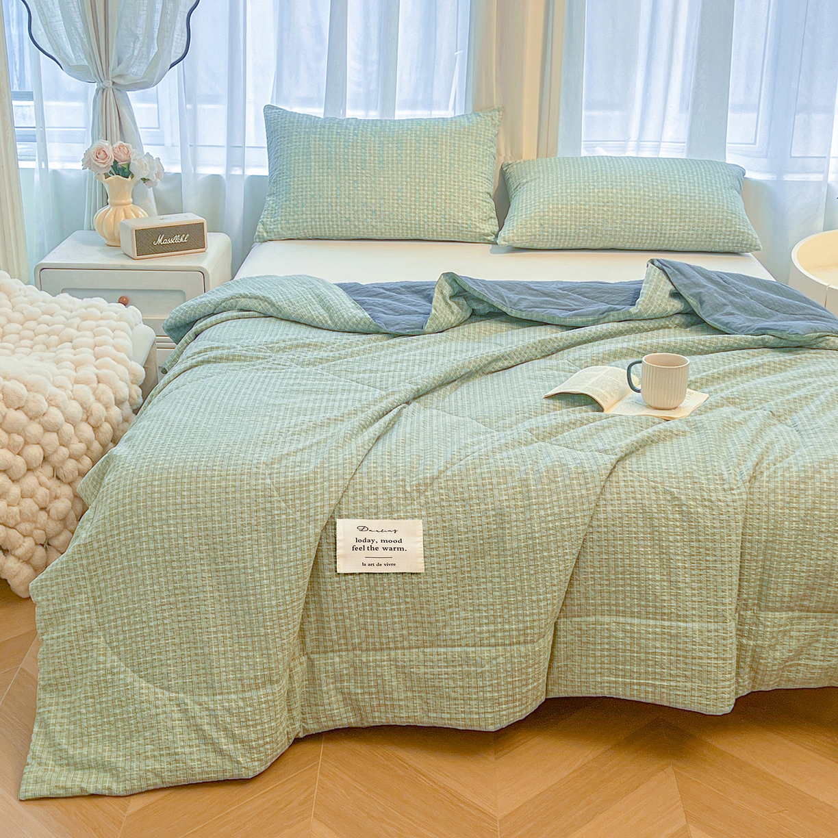 91家纺网 家纺一手货源 找家纺 老帅的工厂店 2026新款无印风泡芙棉大豆夏被 青柠气泡