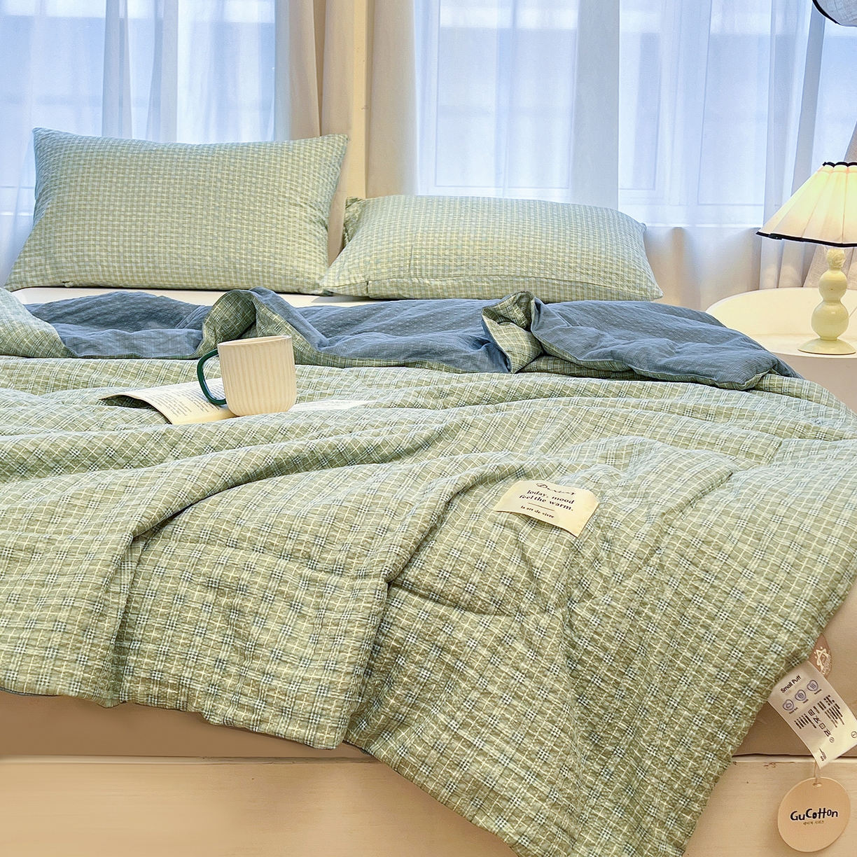 91家纺网 家纺一手货源 找家纺 老帅的工厂店 2026新款无印风泡芙棉大豆夏被 青柠气泡