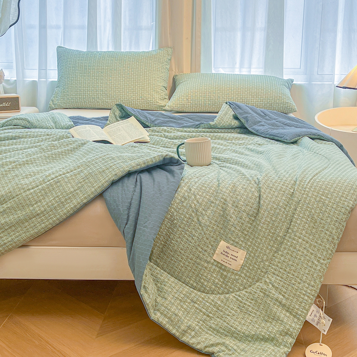 91家纺网 家纺一手货源 找家纺 老帅的工厂店 2026新款无印风泡芙棉大豆夏被 青柠气泡