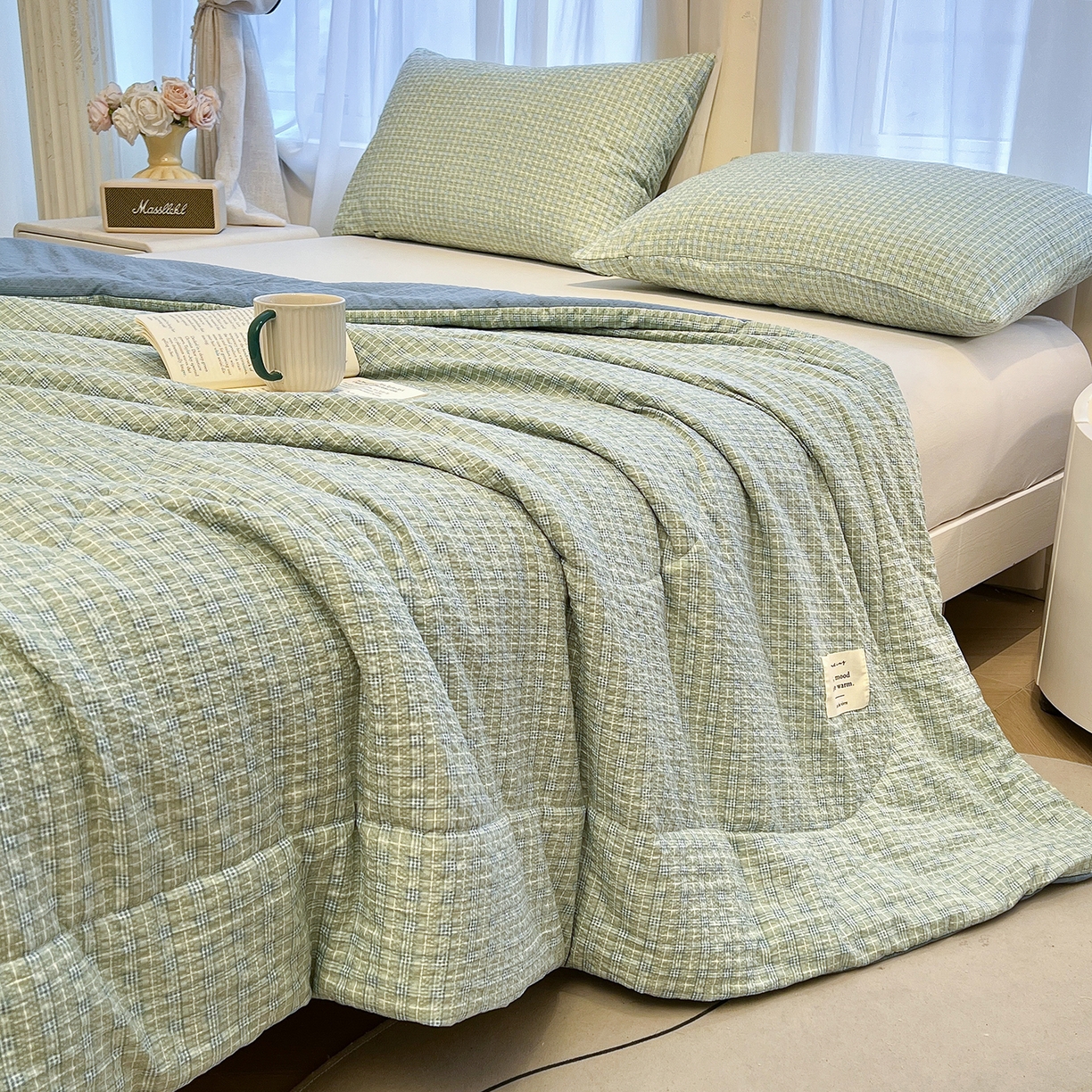 91家纺网 家纺一手货源 找家纺 老帅的工厂店 2026新款无印风泡芙棉大豆夏被 青柠气泡