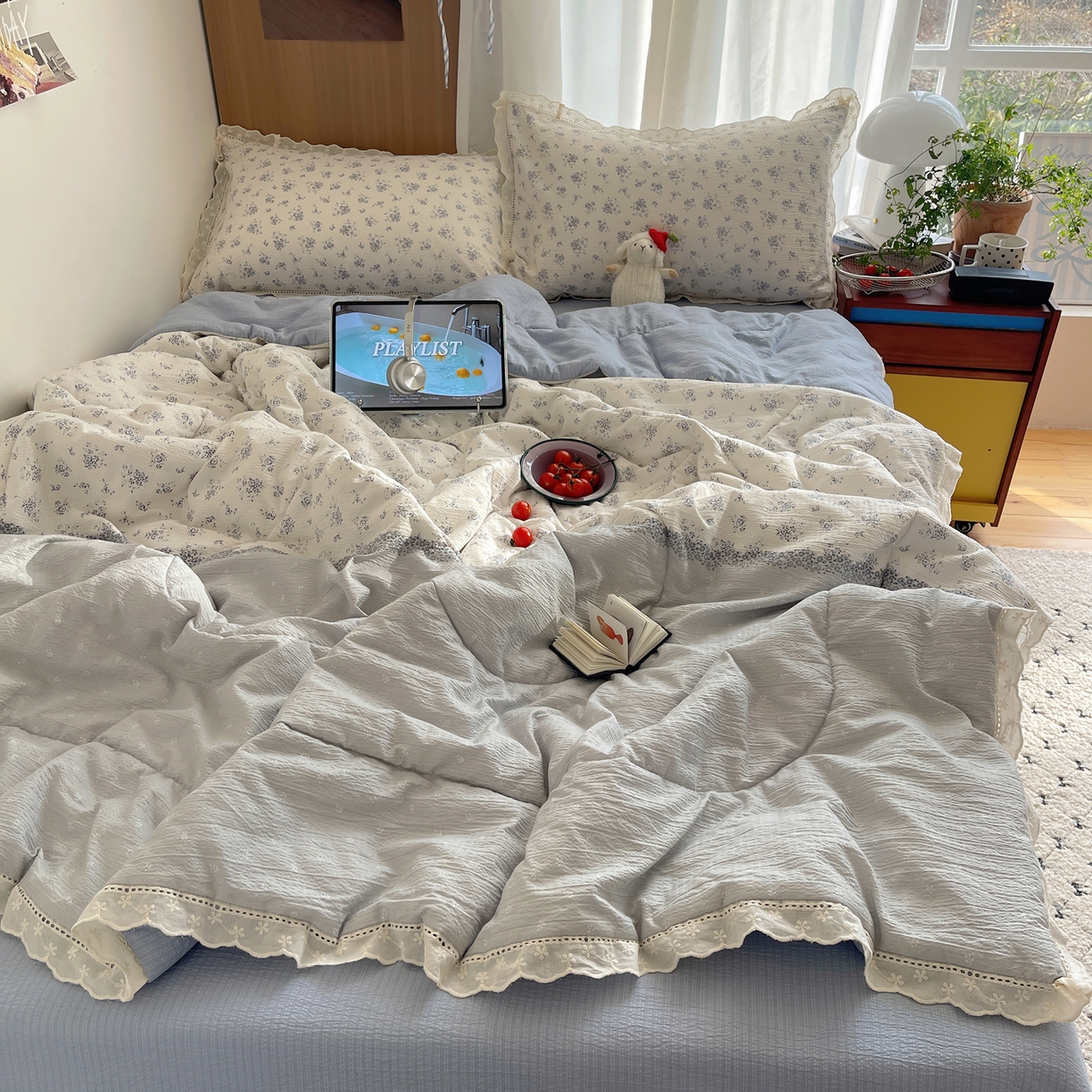 91家纺网 家纺一手货源 找家纺 梵克保罗 2026春夏新款全棉纯棉花边皱皱纱单夏被夏凉被空调被夏被四件套 蓝芷序