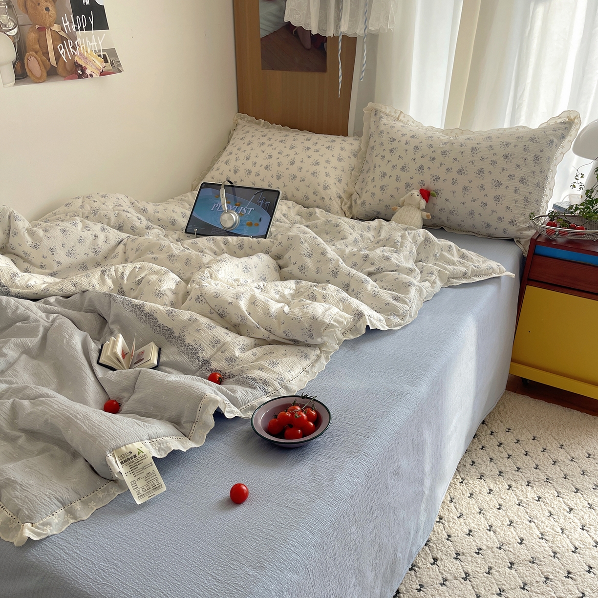 91家纺网 家纺一手货源 找家纺 梵克保罗 2026春夏新款全棉纯棉花边皱皱纱单夏被夏凉被空调被夏被四件套 蓝芷序