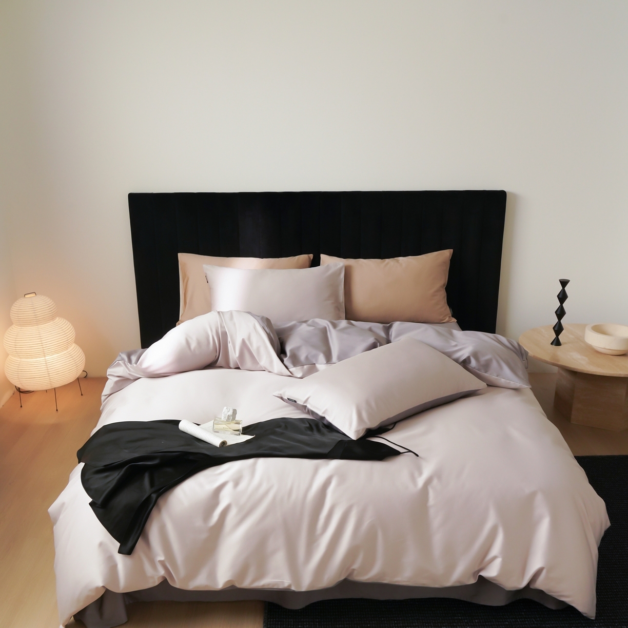 玉宇阁家居 2026春夏新款50S双股全棉纯棉贡缎拼色四件套 空气紫灰