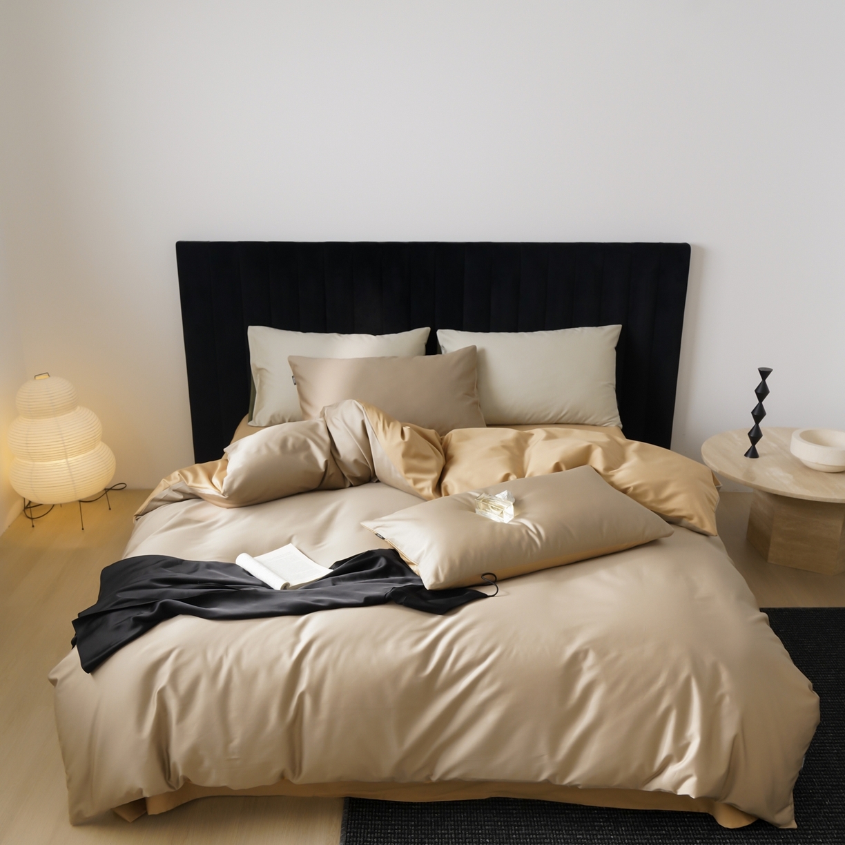 玉宇阁家居 2026春夏新款50S双股全棉纯棉贡缎拼色四件套 春曦暖茶