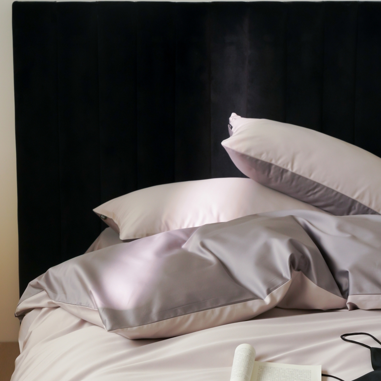 91家纺网 家纺一手货源 找家纺 玉宇阁家居 2026春夏新款50S双股全棉纯棉贡缎拼色四件套 空气紫灰