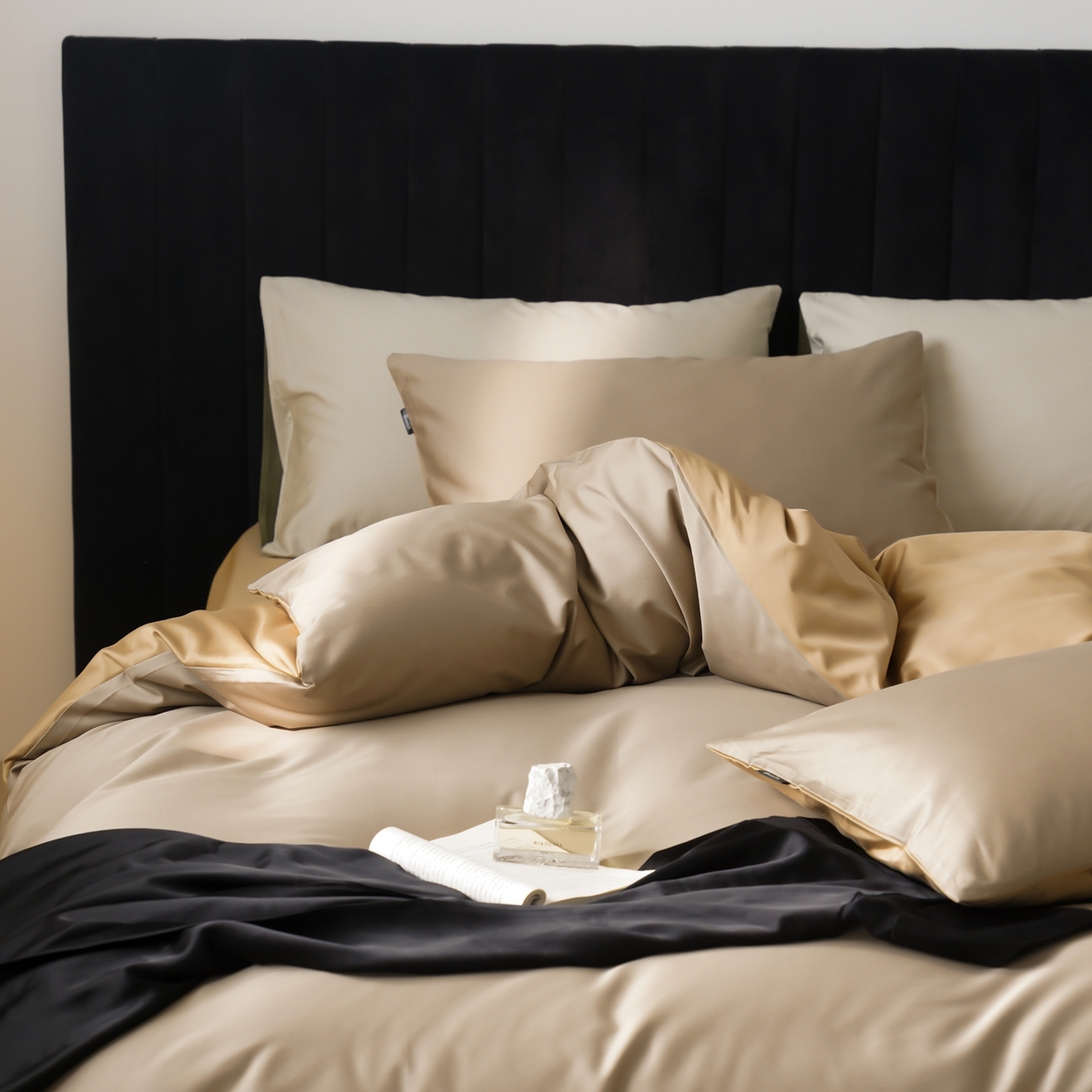 91家纺网 家纺一手货源 找家纺 玉宇阁家居 2026春夏新款50S双股全棉纯棉贡缎拼色四件套 春曦暖茶