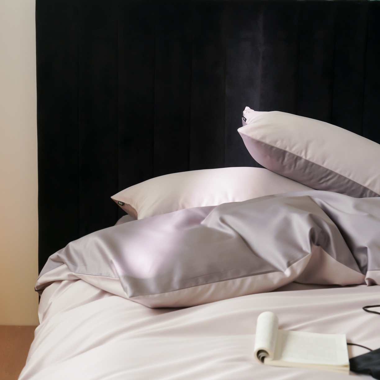 91家纺网 家纺一手货源 找家纺 玉宇阁家居 2026春夏新款50S双股全棉纯棉贡缎拼色四件套 空气紫灰