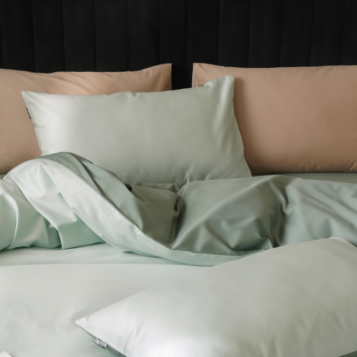 91家纺网 家纺一手货源 找家纺 玉宇阁家居 2026春夏新款50S双股全棉纯棉贡缎拼色四件套 奶酪薄荷