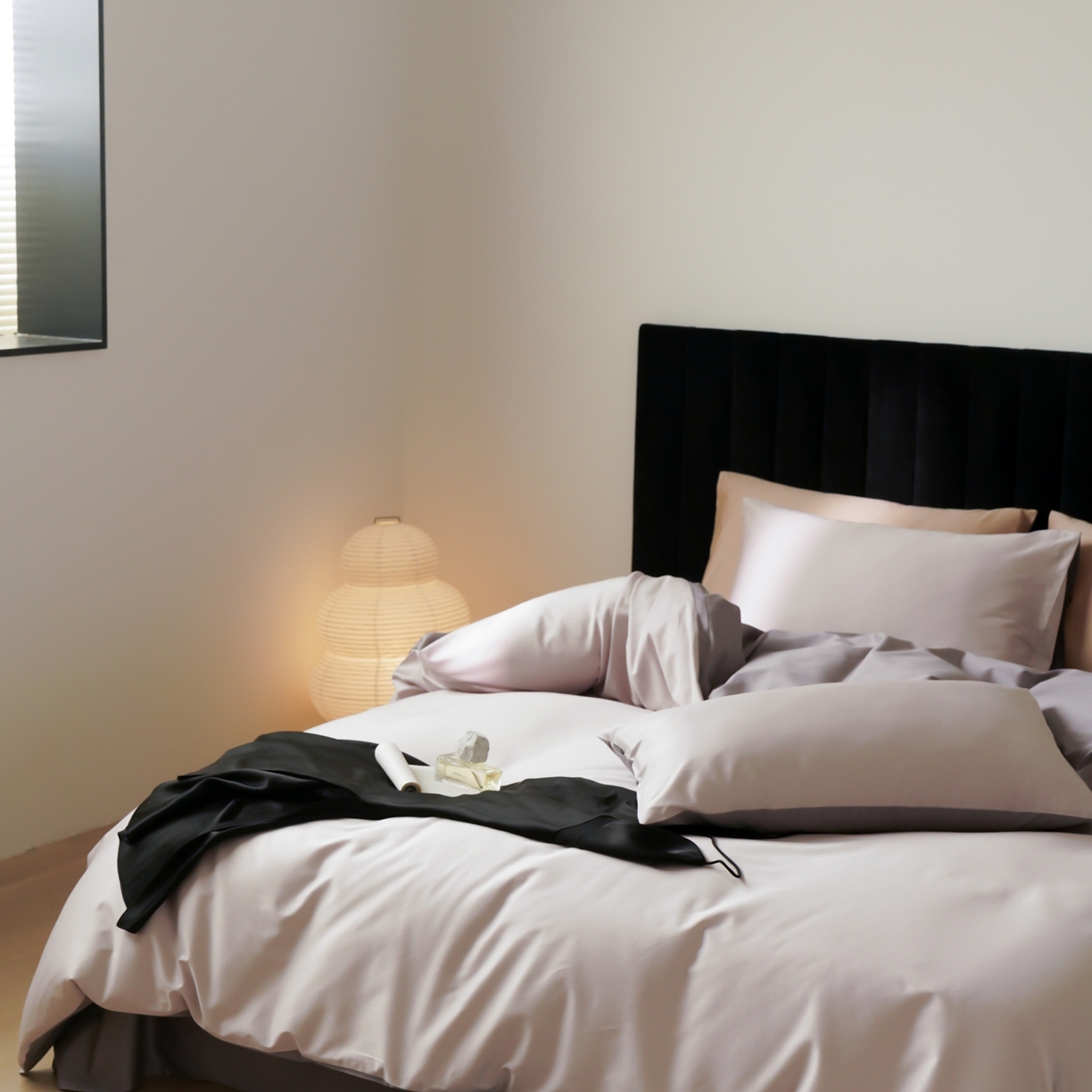 91家纺网 家纺一手货源 找家纺 玉宇阁家居 2026春夏新款50S双股全棉纯棉贡缎拼色四件套 空气紫灰