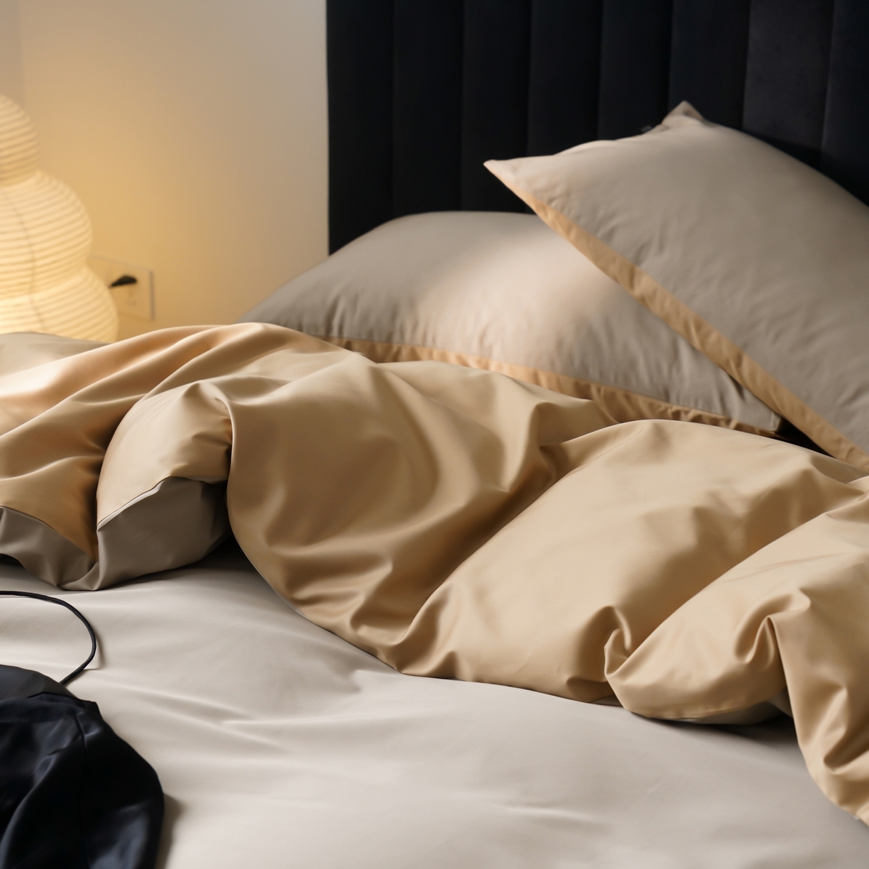 91家纺网 家纺一手货源 找家纺 玉宇阁家居 2026春夏新款50S双股全棉纯棉贡缎拼色四件套 春曦暖茶