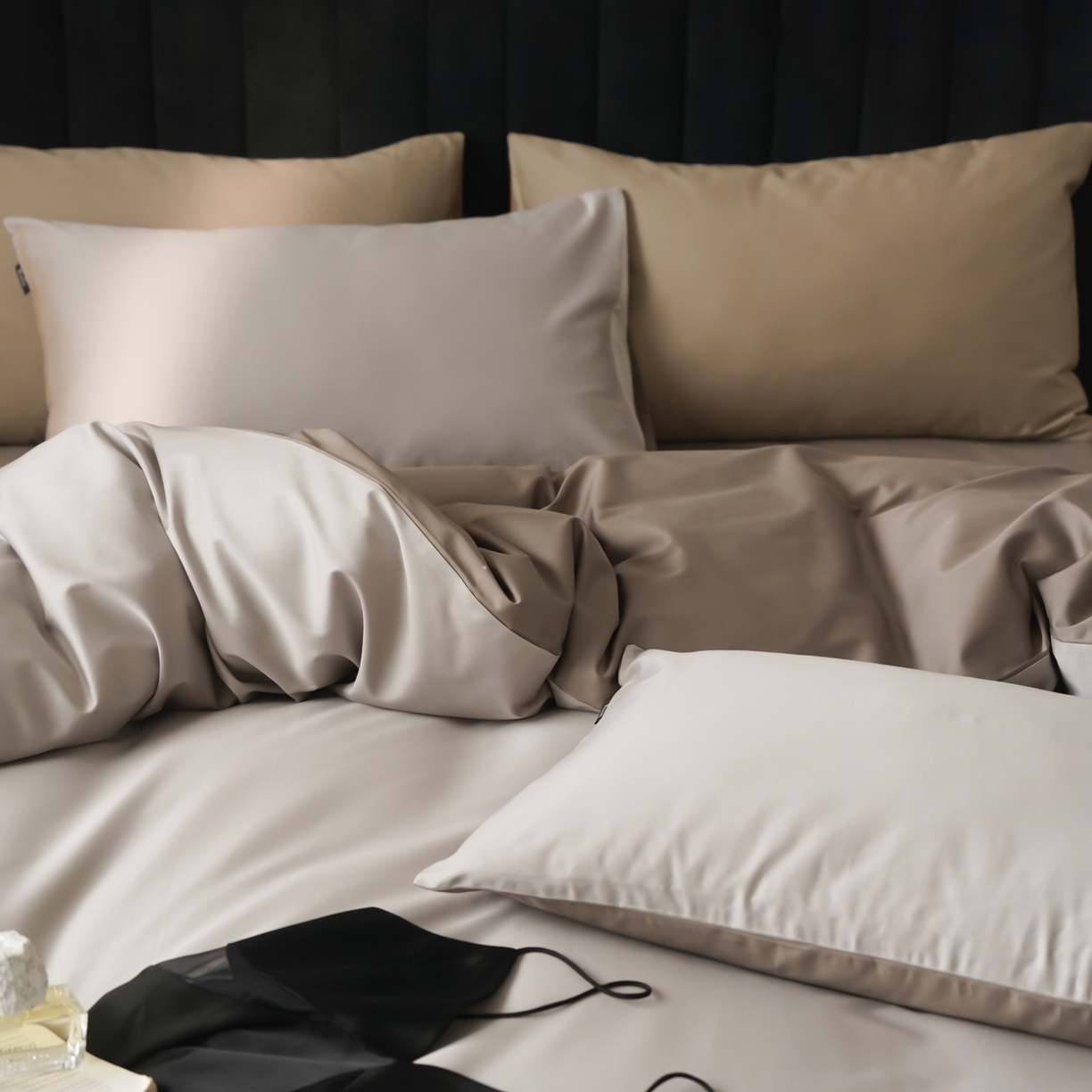 91家纺网 家纺一手货源 找家纺 玉宇阁家居 2026春夏新款50S双股全棉纯棉贡缎拼色四件套 春和日棕