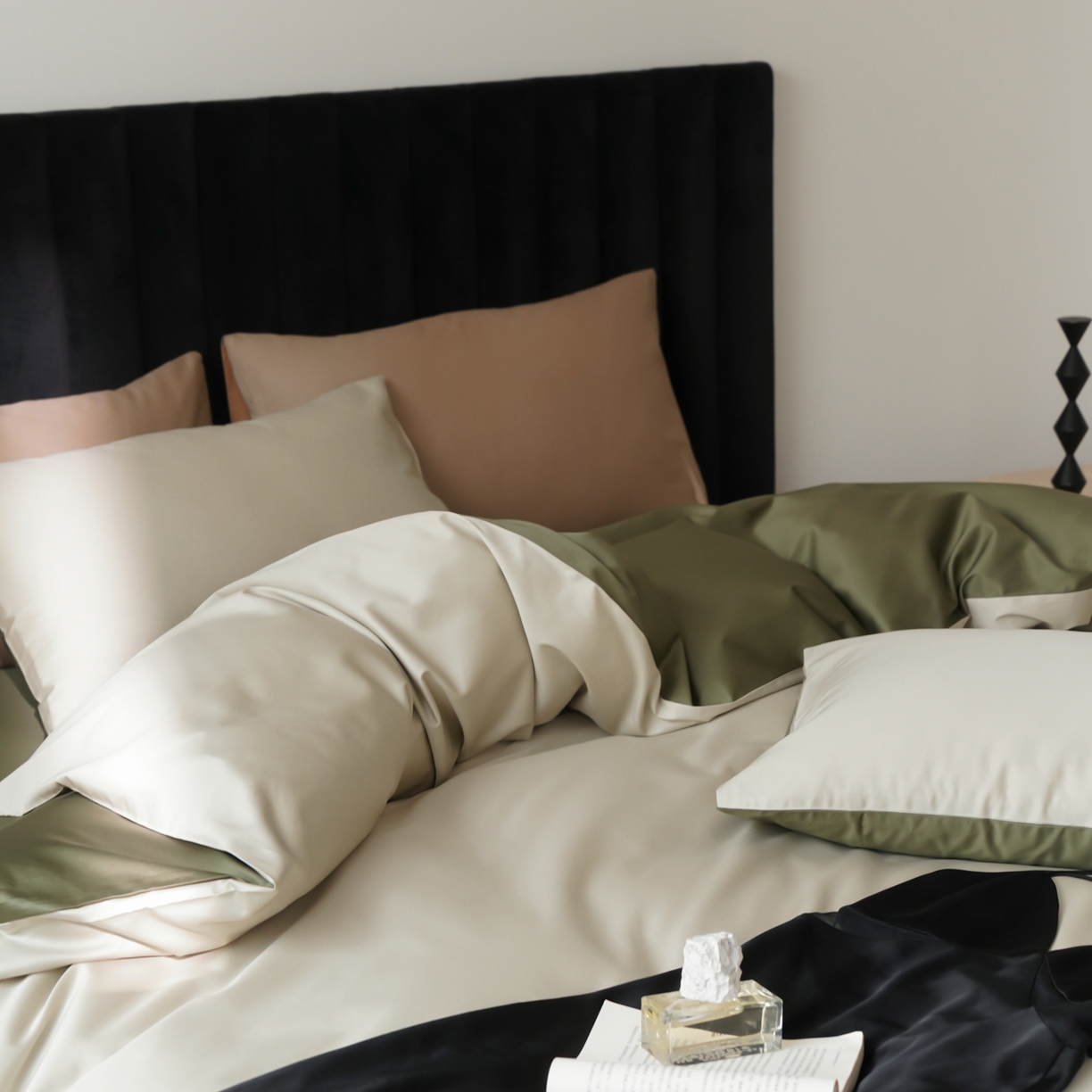 91家纺网 家纺一手货源 找家纺 玉宇阁家居 2026春夏新款50S双股全棉纯棉贡缎拼色四件套 苔原新绿