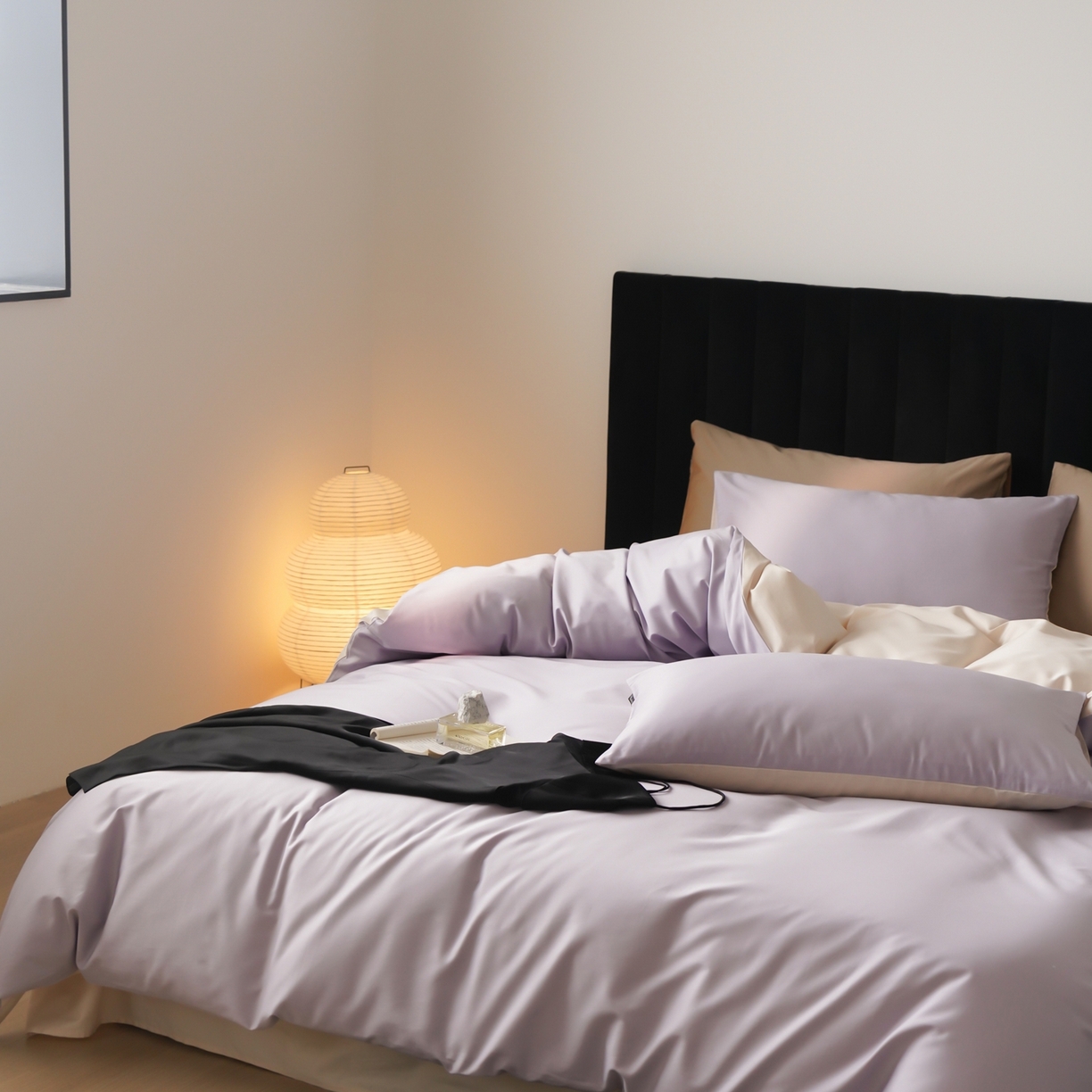 91家纺网 家纺一手货源 找家纺 玉宇阁家居 2026春夏新款50S双股全棉纯棉贡缎拼色四件套 珍珠紫玉