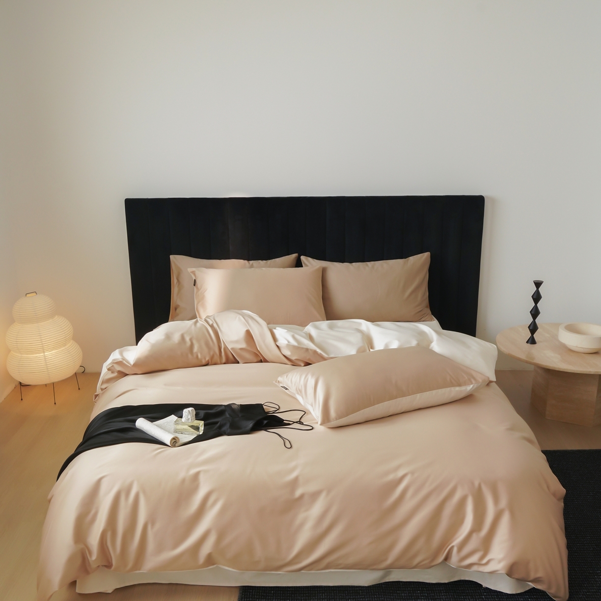 玉宇阁家居 2026春夏新款50S双股全棉纯棉贡缎拼色四件套 晨曦浅玉