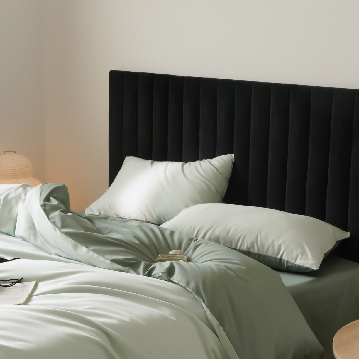 91家纺网 家纺一手货源 找家纺 玉宇阁家居 2026春夏新款50S双股全棉纯棉贡缎拼色四件套 奶酪薄荷